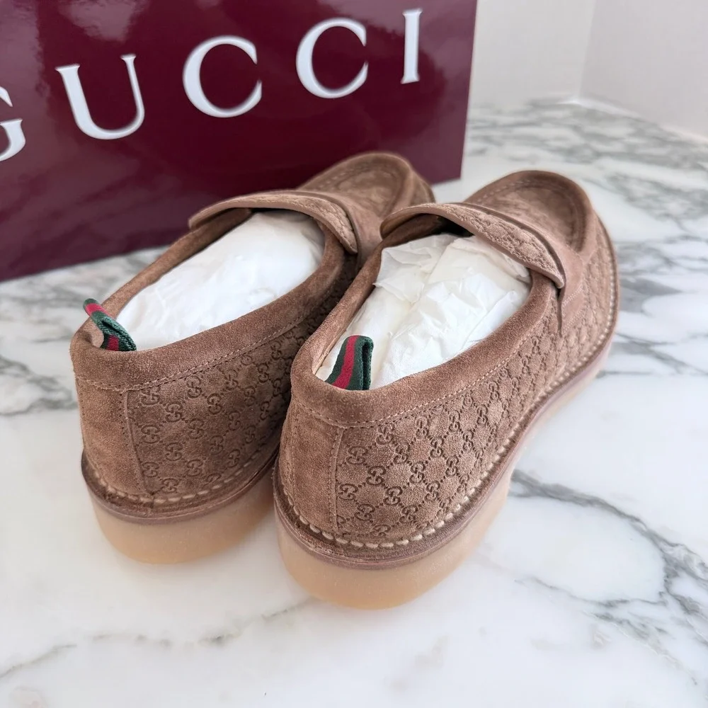 GUCCI  GG Moreau Moccasin Brown Suede Loafer Shoe Penny Strap, G 8+